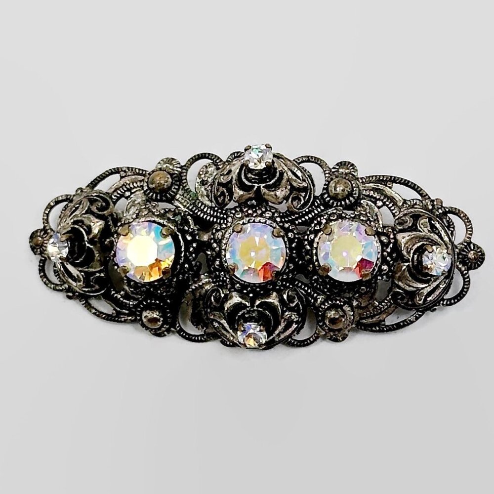 Rhinestone Brooch, Etruscan Revival, Vintage, AB Rhinestone, Filagree